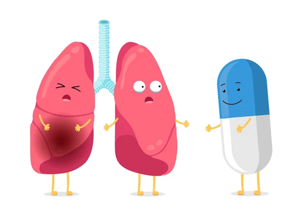 Ohälsosam sjukdom och starka friska lungor karaktär med piller läkemedel. Lider av sjuk tecknad lunginflammation lungmaskot och antibiotika kapsel. Inre organ för luftvägsinfektion hos människa — Stock vektor