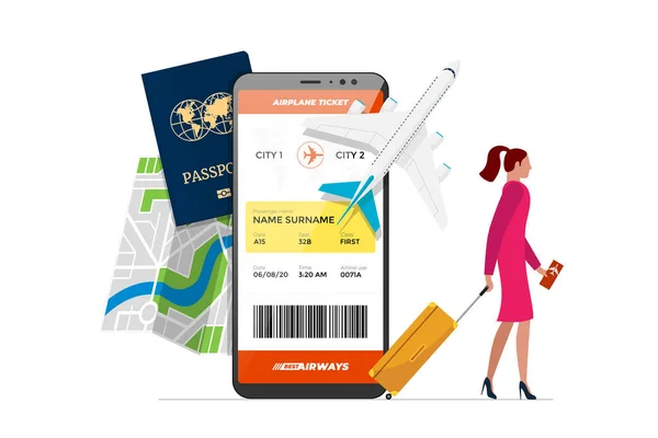 オンラインフライト予約サービスのコンセプト。荷物本を持つ女性飛行機はスマートフォンで旅行します。航空券ウェブサイトまたはモバイルアプリの予約。旅行計画ベクトル図 — ストックベクタ