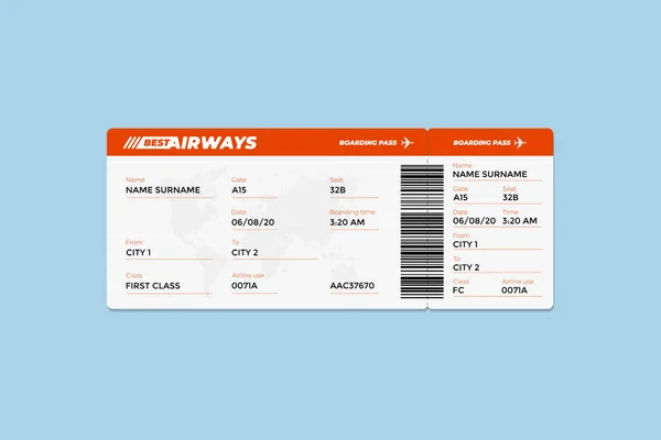 Templat desain tiket penerbangan realistis dengan nama penumpang kelas satu dan barcode. Air travel by plane document vector illustration - Stok Vektor