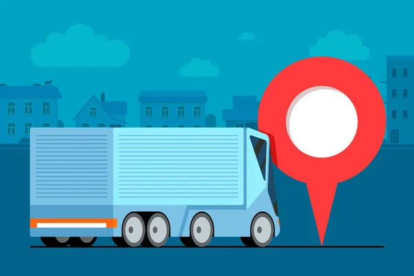 Modern kargo kamyonu lojistik lojistiği Geotag GPS navigatör şehir yolundaki iğne simgesi. İş taşımacılığı izleme servis izleme konsepti. Nakliye aracı çizimi — Stok Vektör