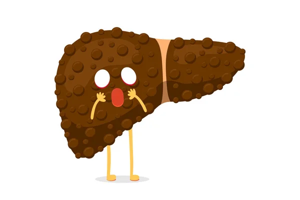 Sick unhealthy cartoon liver character suffers from cirrhosis or hepatitis and suffering pain. Human exocrine gland organ destruction concept. Vector hepatic mascot illustration — Stock vektor