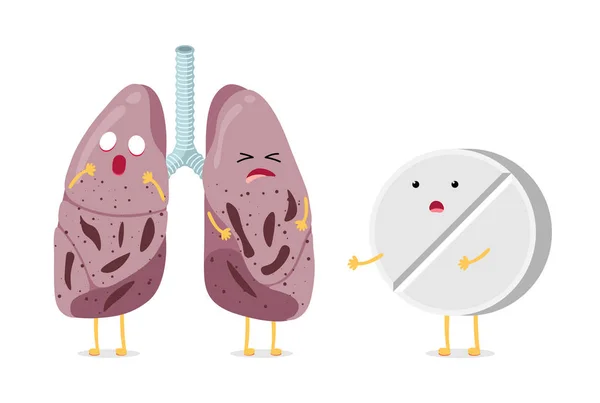 Chore niezdrowe kreskówki płuc charakter choroby wirusowej gruźlicy z antybiotykiem tabletki apteki. Ludzki układ oddechowy narządy wewnętrzne gruźlica bacillus zapalenie płuc uderzył iluzoryczne — Wektor stockowy