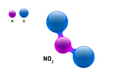 Kimya modeli molekül nitrojen dioksit No2 bilimsel element formülü. Bütünleşik parçacıklar doğal inorganik 3d moleküler yapıyı oluşturur. İki oksijen ve azot hacim atom vektör küreleri