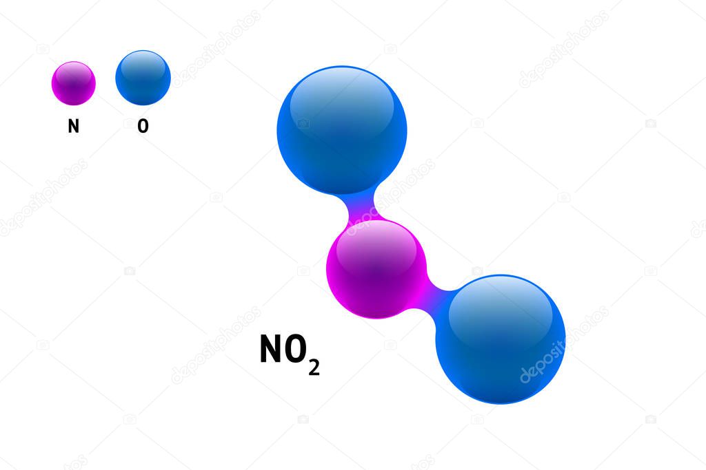 Chemistry model molecule nitrogen dioxide NO2 scientific element formula. Integrated particles natural inorganic 3d molecular structure consisting. Two oxygen and azote volume atom vector spheres
