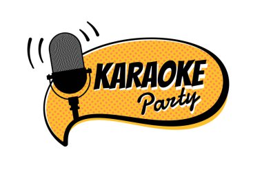 Karaoke gecesi parti senaryosu. Sarı çizgi roman konuşma balonu amblemi. Sahne retro vintage mikrofon vektör illüstrasyon eğlence şablonu