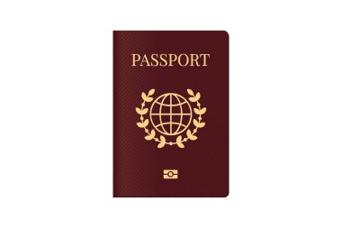 Kahverengi kapaklı dünya haritalı pasaport. Seyahat şablonu için biyometrik kimlik belgesi. Vektör illüstrasyonu