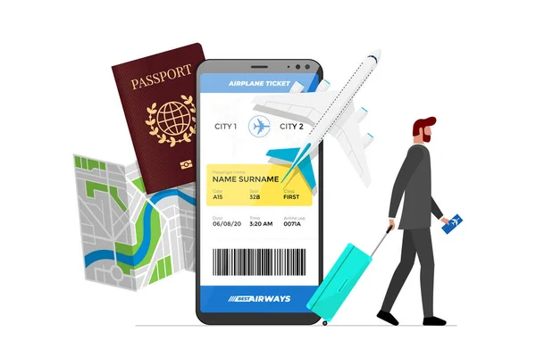 Online flight booking service concept. Businessman with luggage book airplane travel on smartphone. Plane ticket reservation website or mobile app. Trip planning map and passport vector illustration — Stock vektor