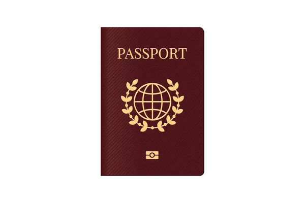 Passaporto con mappamondo sulla copertina marrone. Documento di identificazione biometrica per il modello di viaggio. Illustrazione vettoriale — Vettoriale Stock