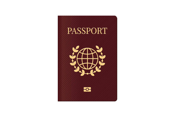 Паспорт с картой мира на коричневой обложке. Биометрический идентификационный документ для шаблона путешествия. Векторная иллюстрация
