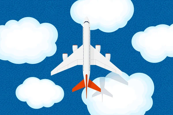 Avião de passageiros de grande porte voa acima das nuvens e do mar com ondulações. Aviação civil voando vista superior avião. Ilustração vetorial plana — Vetor de Stock
