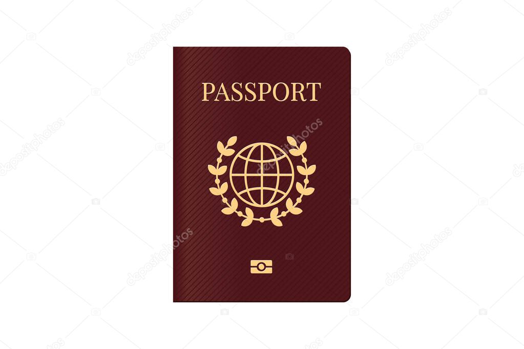 Passport with world map globe on brown cover. Biometric identification document for travel template. Vector illustration