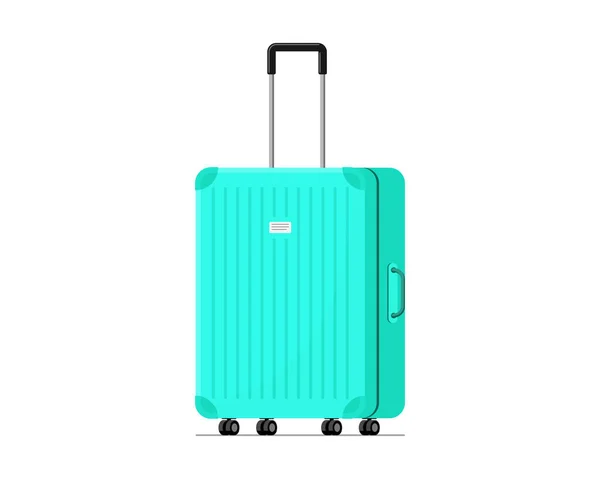 Bagaglio valigia in plastica turchese per viaggiare con ruote e maniglia retrattile vista frontale. Borsa bagagli per estate vacatoin jourmey vettoriale illustrazione — Vettoriale Stock