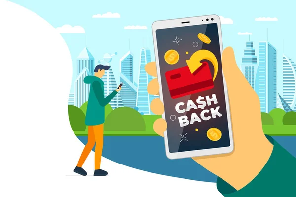 Conceito de programa de fidelidade Cashback. Cartão de crédito ou débito com moedas devolvidas na tela do smartphone na mão do homem na rua da cidade. Reembolso de design de serviço de dinheiro. Bônus dinheiro de volta ilustração vetorial — Vetor de Stock