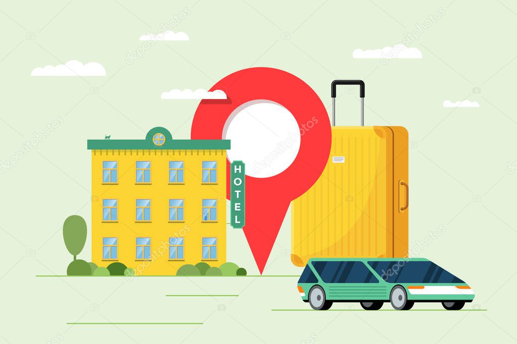 Hotel booking and car sharing service for tourism concept. Travel apartment and transport reservation. Motel building with baggage suitcase and location pin vector illustration