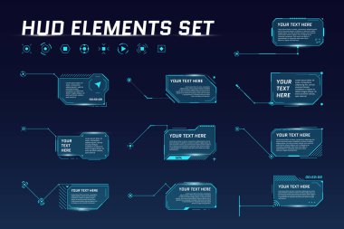 Hud dijital fütüristik çağrı başlığı. Bilim kurgu çerçeve bar etiketlerini göster. Sunum ya da infografik modern dijital bilgi kutusu düzeni şablonu. Arayüz Hud Ui Gui elementi. Vektör illüstrasyonu