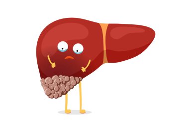 Sick unhealthy cartoon liver character suffers from cancer and suffering pain. Human exocrine gland organ tumor destruction concept. Vector illustration