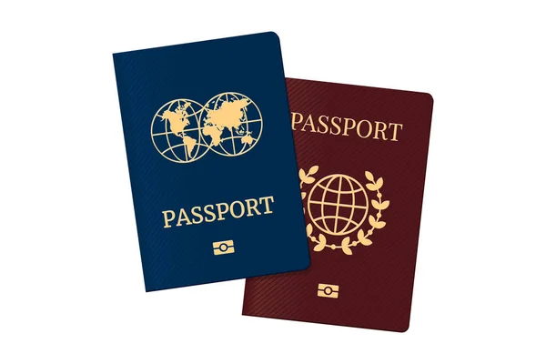 Passaporte definido com mundo mapa globo na capa marrom e azul. Passe biométrico de identificação de cidadania para modelo de viagem. Ilustração vetorial —  Vetores de Stock