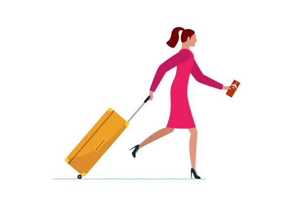 スーツケースと航空券を持って走っている若い女性。女性のドレスで荷物袋飛行機や行方不明便に搭乗急いで。旅のコンセプトベクトルイラスト — ストックベクタ