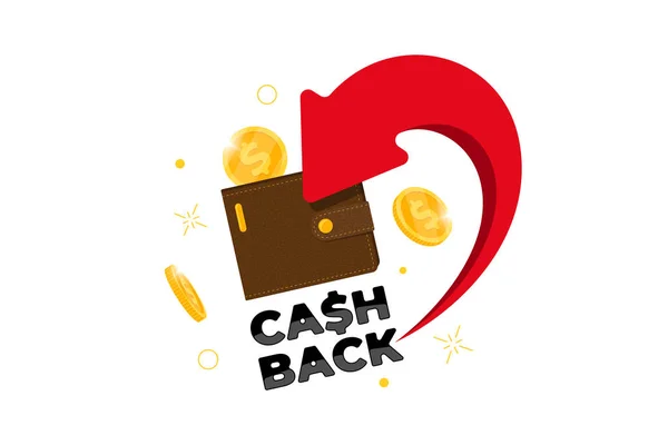 Concepto del programa de lealtad Cashback. Cartera con monedas devueltas a la cuenta bancaria. Reembolso diseño de servicio de dinero. Bono de devolución de dinero en efectivo en bolso vector ilustración — Vector de stock