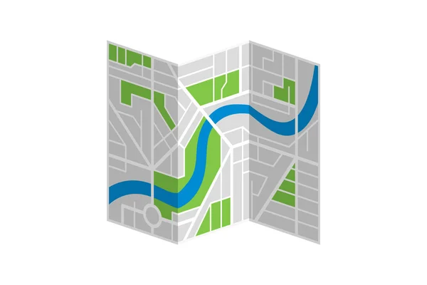 一般的な架空の都市の通りの地図計画を川で折り畳んだ。ベクトルカラフルな町EPSイラストスキーマ — ストックベクタ
