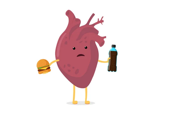 Fast food meşrubat şişesi ve burgeri olan sağlıksız, hasta bir kalp karakteri. İnsan dolaşım organı maskotu ağrısı kötü duygu. Vektör illüstrasyonu — Stok Vektör