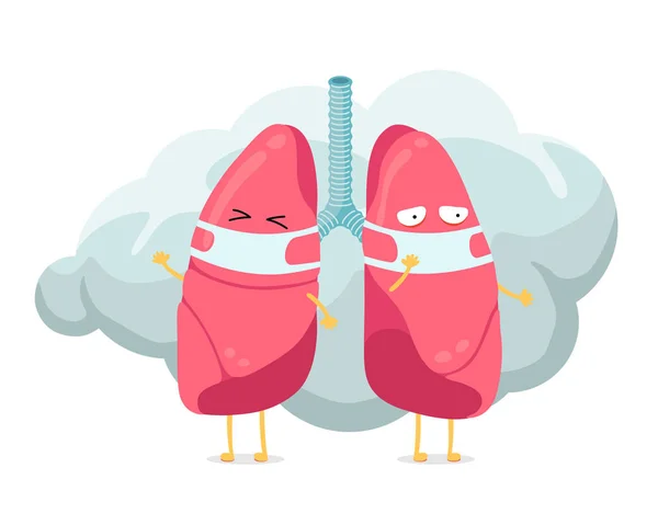 Personaje de los pulmones de dibujos animados con máscara de higiene respiratoria en la cara y humo o nube de polvo. Sistema respiratorio humano pulmón mascota órgano interno. Protección de la contaminación atmosférica médica vector ilusración — Vector de stock