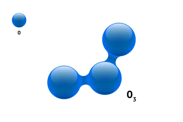 Kemimodell molekyl ozon O3 gas vetenskapligt grundämne formel. Integrerade partiklar naturlig oorganisk 3d molekylär struktur som består. Tre syre volym atom vektor sfärer — Stock vektor