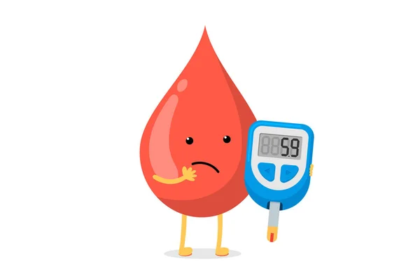 Desenhos animados bonitos duvida personagem gota de sangue com glicosímetro. Dispositivo de medição de glicose diabética com indicação de fronteira nível de açúcar. Ilustração de alto risco de diabetes glicose vetorial — Vetor de Stock