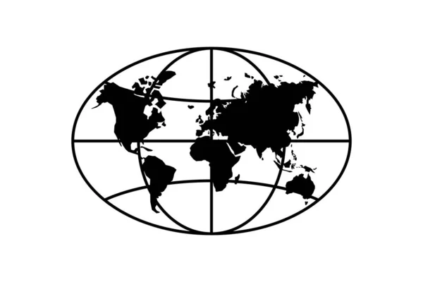 Mundo planeta mapa alargado círculo icono negro. Globo tierra continentes vector oval símbolo — Vector de stock