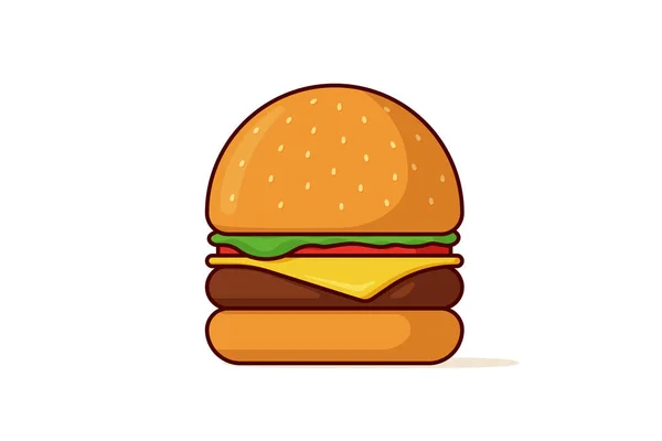 Burger fast food isolado. Hambúrguer com tomate arco verdes suculento frito carne fatia de queijo de costeleta em coque dourado com molho. Ilustração do contorno do vetor plano Cheeseburger —  Vetores de Stock