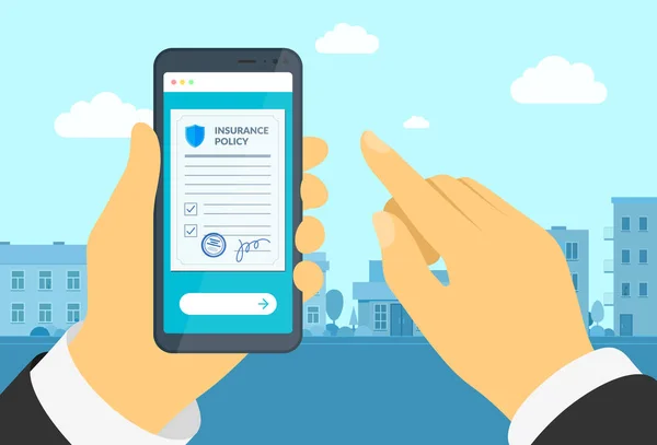 Muž drží smartphone s formulářem pojistky. Online podepisuje souhlas ochranný dokument na mobilní obrazovce. Vytvořit smlouvu o náhradě škody pro zákonný vektor — Stockový vektor