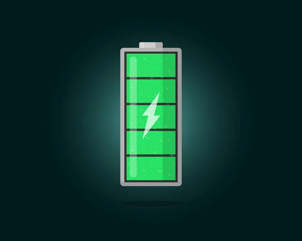 高電力緑のバッテリーは、雷アイコンとエネルギー表示を充電します。シリンダーシンボルを示すフルバッテリー。ベクトルアキュムレータのエネルギーレベルのロード図 — ストックベクタ