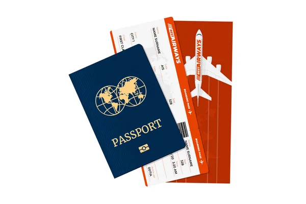 Reisepass mit Flugtickets. Personalausweis und Bordkarte der Fluggesellschaft. Vektor internationaler Tourismus Reisen Illustration Konzept — Stockvektor