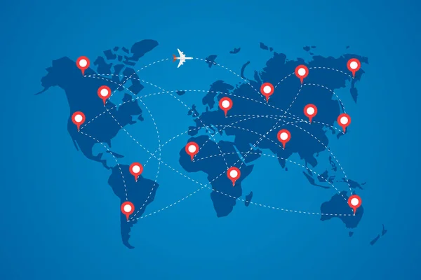 Mapa do mundo com alfinetes de destino e rotas de viagem de avião. Avião de visão superior com trajetos de voo entre continentes ilustração vetorial azul — Vetor de Stock