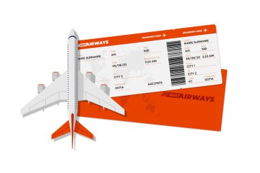 Realistic airline ticket boarding pass with airplane. Air travel by plane red color document vector illustration