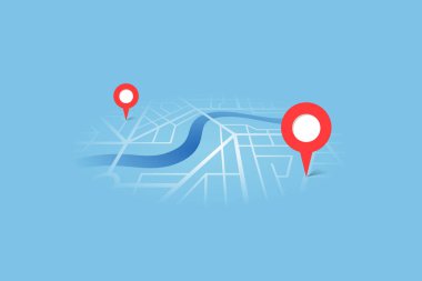 Nehir GPS 'li şehir haritası nokta işaretleri arasında pim ve navigasyon rotası kuruyor. Vektör mavi perspektif görünümü izometrik illüstrasyon konum şeması
