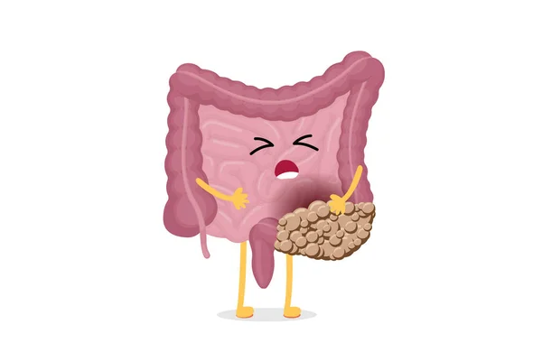 Sad suffering sick intestine colon cancer pain cartoon character. Abdominal cavity digestive and excretion human internal unhealthy bowel organ. Vector organ tumor illustration — Stock Vector