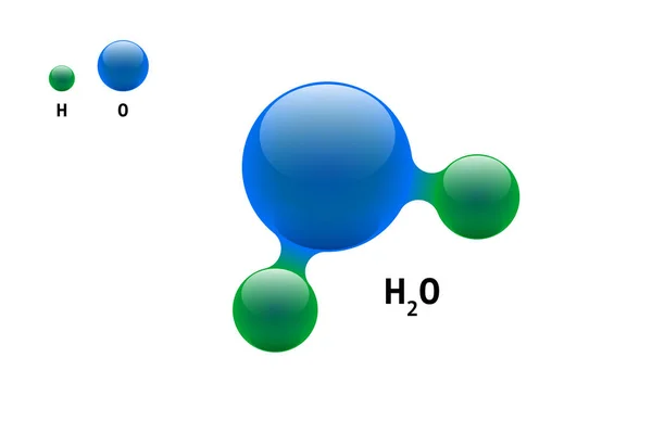 Chemistry model molecule water H2O scientific element formula. Integrated particles natural inorganic 3d molecular structure consisting. Two hydrogen and oxygen volume atom vector spheres — Stock Vector