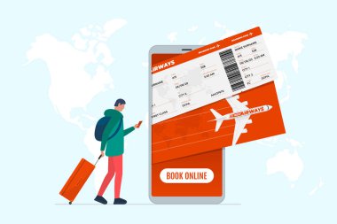 Online flight booking service concept. Young man with suitcase luggage book airplane travel on smartphone. Plane ticket reservation mobile app on world map vector illustration
