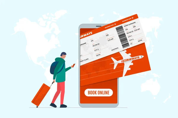 Konsep layanan pemesanan penerbangan online. Anak muda dengan koper buku perjalanan pesawat pada smartphone. Pemesanan tiket pesawat Aplikasi mobile pada gambar vektor peta dunia - Stok Vektor