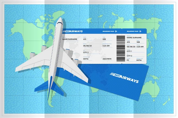 Tarjeta de embarque realista con billete de avión en el mapa del mundo. Viaje aéreo por avión plano color azul documento vector ilustración — Archivo Imágenes Vectoriales