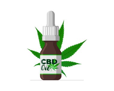 CBD hemp oil of medical cannabis extract in brown glass bottle. Marijuana leaf icon product jar label design template. Isolated vector illustration