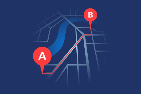 City street map plan with river GPS place pins and navigation red route between A to B point markers. Vector dark blue color perspective view isometric illustration location schema — Stok Vektör