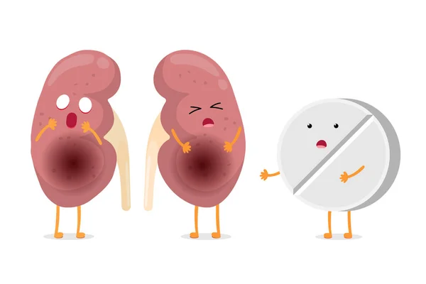 Sorglig lider sjuk njure med läkemedel tablett tecken. Mänsklig anatomi genitala systemet inre ohälsosamma organ med tablett. Vektor tecknad illustration — Stock vektor