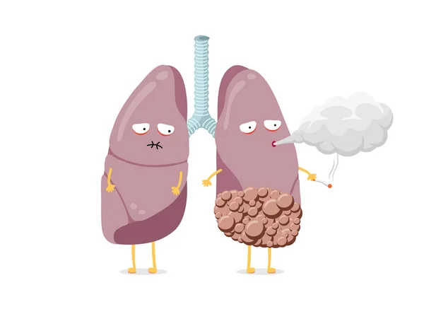 Pulmones enfermos enfermizos personaje de dibujos animados fumar cigarrillo. Órgano interno del sistema respiratorio humano con cáncer sopla humo y tiene mala salud. Malo hábito peligroso adicción vector ilustración — Vector de stock