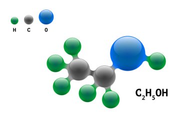 Kimya modeli molekül etanol C2h5oh bilimsel element formülü. Entegre parçacıklar doğal inorganik 3d alkol moleküler yapı bileşimi. Karbon oksijen ve hidrojen atomu vektör küreleri
