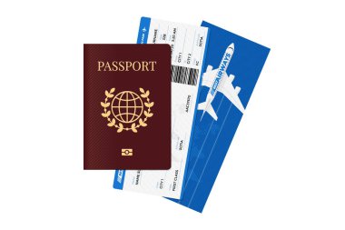 Biletli uluslararası pasaport. Kimlik belgesi ve uçuş kartı. İzole edilmiş illüstrasyon konseptinde seyahat eden vektör turizmi