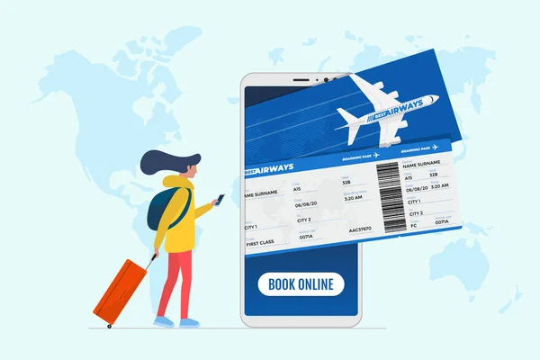 Concepto de servicio de reserva de vuelos online. Joven mujer con maleta maleta libro de viaje avión en el teléfono inteligente. Reserva de billetes de avión y pagar aplicación móvil en el mapa del mundo vector ilustración — Archivo Imágenes Vectoriales