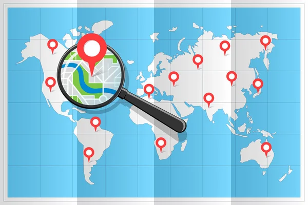 Szkło powiększające nad złożonym świecie mapa wyszukiwania miejsce na wakacje GPS lokalizacja pin na ulicy miasta wektor ilustracja — Wektor stockowy