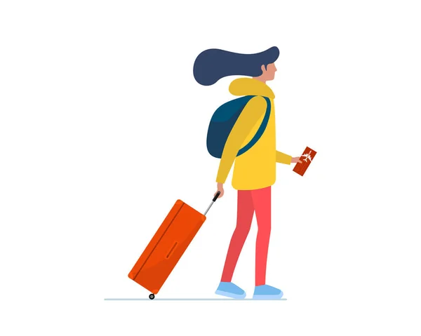 Young woman traveler walking with suitcase and flight ticket. Female millennial with luggage bag and backpack go boarding to plane. Tourist passenger journey concept vector illustration — Stock Vector